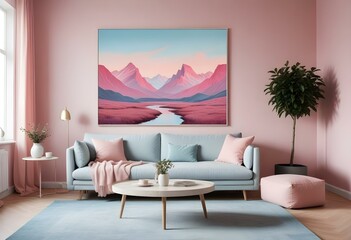 Modern Interior Poster Frame Mockup in Contemporary Living Room - 3D Render