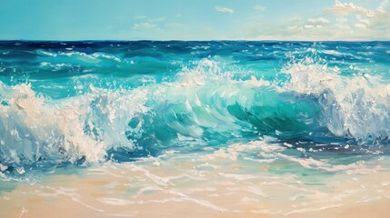 Shimmering turquoise sea under bright sunshine, calm waves gently reaching the shore