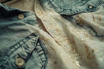 dirty food mark on clothes, Close-up food stain dirt on the shirt prepare cleaning mark removal before laundry, Generative AI