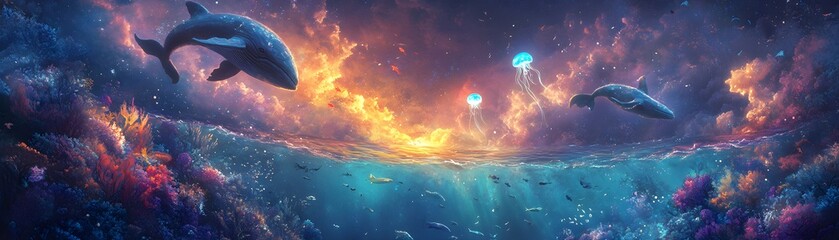 Fototapeta premium Surreal Ocean Scene with Rainbow-Colored Sea.