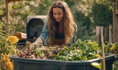 Woman composting food waste. Outdoor compost bin for reducing kitchen waste. Organic waste in garden composter, eco-friendly gardening, sustainability.