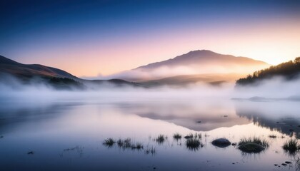 Obraz premium wallpaper background landscape panorama, misty highlands lake and mountains