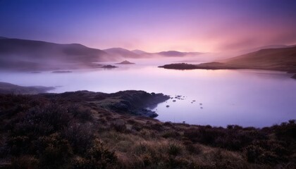 wallpaper background landscape panorama, misty highlands lake and mountains