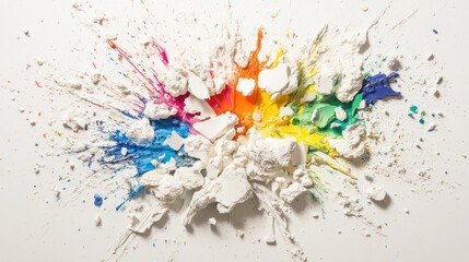 Colorful circular explosion with shattered debris on white background. Abstract art concept for design.