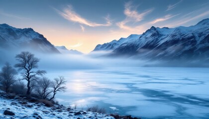 Fototapeta premium wallpaper background landscape panorama, misty highlands lake and mountains