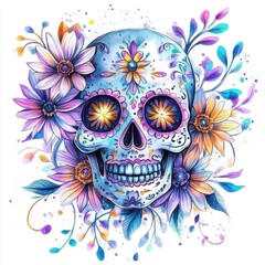 Glowing sugar skull with radiant flowers and vines, soft pastel hues in watercolor, isolated on white, spiritual and artistic vibes, isolated on white background, watercolor style