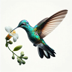 Obraz premium A vibrant hummingbird, its iridescent feathers shimmering, hovers above a delicate flower