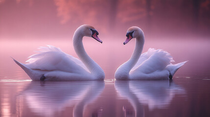 Beautiful white swan swimming in water. Fine art nature with wild bird and river. Animal wildlife wallpaper background