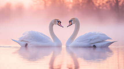 Beautiful white swan swimming in water. Fine art nature with wild bird and river. Animal wildlife wallpaper background