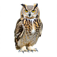 Obraz premium A majestic owl with piercing yellow eyes and detailed feathers, standing tall against a white background