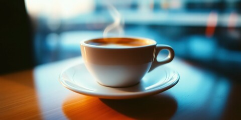 A steaming cup of coffee on a table, with a blurred background