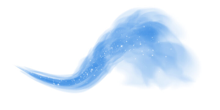 Cigarette smoke. Blue fog or smoke. Fantastic smoke background. Blue magic smoke with glitter and small particles of twinkling stars, fog with glowing particles, multicolored steam with stardust. PNG.