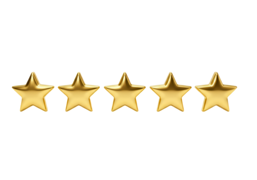Five golden stars arranged in a row symbolize excellence and high rating for reviews or evaluations