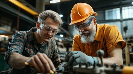 Two engineers collaborating in an industrial setting, wearing safety gear and focusing on machinery work.