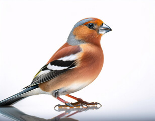 Fototapeta premium A Eurasian Bullfinch stands on a stone, surrounded by scattered seeds, against a clean white background
