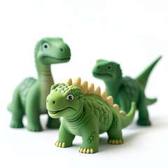 Naklejka premium Toy green Dinosaur Figures on white background, Tyrannosaurus dinosaurs toy , dinosaurs toys standing on a stone floor , Mini Dinosaur on white background 