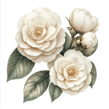 watercolor bouquet of white vintage flowers on white isolated background