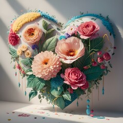 Floral bouquet in the shape of a heart. summer wildflowers are gathered in an exquisite delicate bouquet. grass, beads, leaves, twigs. White background soft light