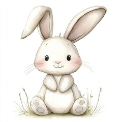 Obraz premium Cute cartoon bunny, watercolor style, sitting on a white background