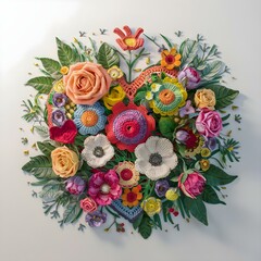 Floral bouquet in the shape of a heart. summer wildflowers are gathered in an exquisite delicate bouquet. grass, beads, leaves, twigs