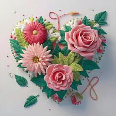 Embriodered floral bouquet in the shape of a heart. Crocheted summer wildflowers are gathered in an exquisite delicate bouquet. grass, beads, leaves, twigs.
