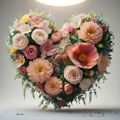 Floral bouquet in the shape of a heart. summer wildflowers are gathered in an exquisite delicate bouquet. grass, beads, leaves, twigs