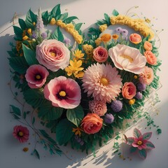 Floral bouquet in the shape of a heart. summer wildflowers are gathered in an exquisite delicate bouquet. grass, beads, leaves, twigs
