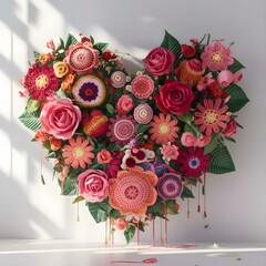 Embriodered floral bouquet in the shape of a heart. Crocheted summer wildflowers are gathered in an exquisite delicate bouquet. grass, beads, leaves, twigs.