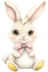 Obraz premium Cute cartoon bunny, watercolor style, sitting on a white background