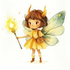 Cute fairy character, watercolor style, with wings and a glowing wand, white background