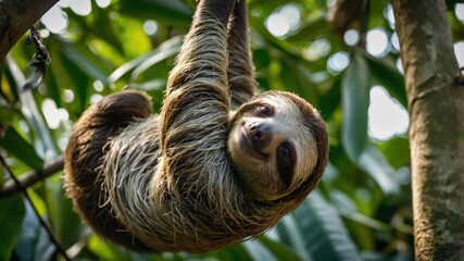 A sloth hanging from a branch in a lush green environment, showcasing its relaxed demeanor.