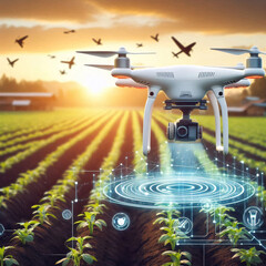 A futuristic drone equipped with advanced technology soars above a field, revolutionizing agriculture