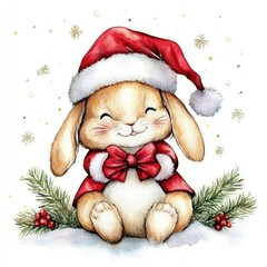Cute Christmas bunny in Santa hat, watercolor on white background. Holiday and wildlife.