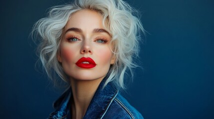 Fototapeta premium Woman with blonde hair and red lipstick is standing in front of a blue background. She has a confident and bold look on her face