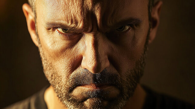 Angry man with intense expression and focused gaze