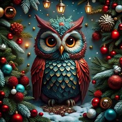 Christmas Owl. Holiday template with 3D set character bird and festive decoration with winter pine branches spruce tree, gift. Collection background in Merry Christmas and Happy New Year design style.