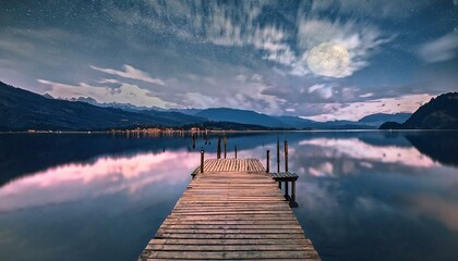 Fototapeta premium Pequeño embarcader a la luz de luna en un lago tranquilo