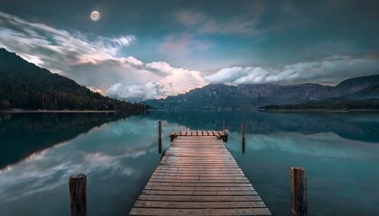 Obraz premium Pequeño embarcader a la luz de luna en un lago tranquilo