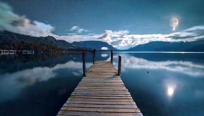 Naklejka premium Pequeño embarcader a la luz de luna en un lago tranquilo