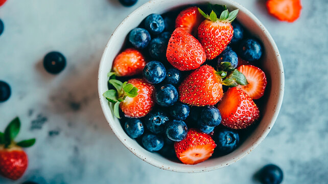 Top view of a mix of berries, including strawberries and blueberries, on a background, close-up, high-resolution photography.