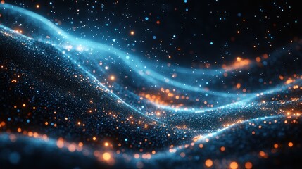 Obraz premium Abstract glowing blue and orange particles wave on black background.