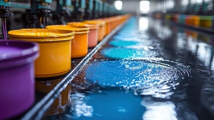 Rows of Colorful Paint Buckets with Ripples in Water