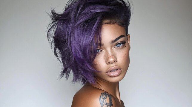 Woman with purple hair and a tattoo on her arm. She has a very pretty face and is posing for a picture