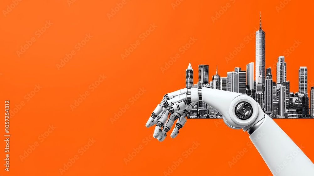 Poster using a robotic arm as an example of machine learning concept symbolizes automation and stock.