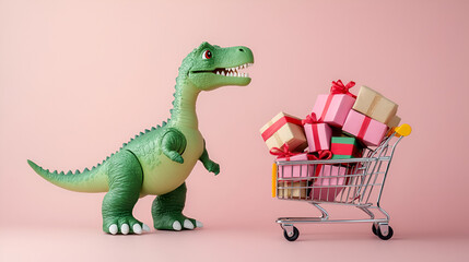 Naklejka premium funny green dinosaur toy with shopping cart full of present boxes on a soft pink background , Funny dinosaur with shopping cart on blue violet background