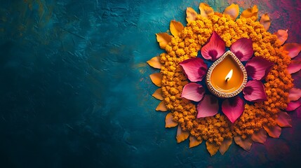 A decorative arrangement featuring a lit diya surrounded by marigold and lotus petals.