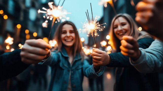 Group of young people holding sparklers and smiling in an urban outdoor setting during dusk or evening.