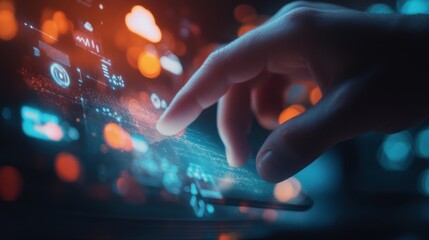 A close-up of a hand using a mobile device, with digital overlays of IOT