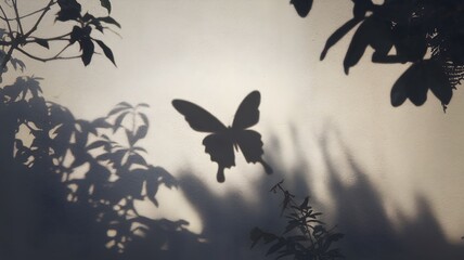 Fototapeta premium Butterfly shadow in flight cast on blank wall with branches and leaves, serene atmosphere
