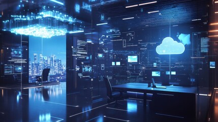 A futuristic office setting where employees are connected through smart devices,